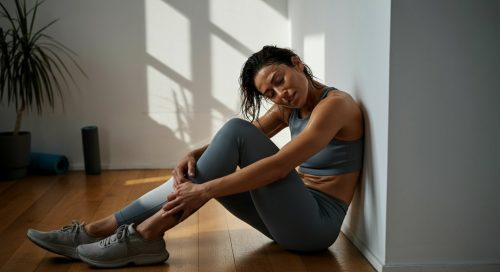 Frau ruht sich nach einem intensiven HIIT für die Beine zufrieden und erschöpft auf dem Boden aus.