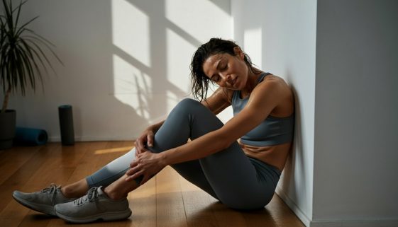 Frau ruht sich nach einem intensiven HIIT für die Beine zufrieden und erschöpft auf dem Boden aus.