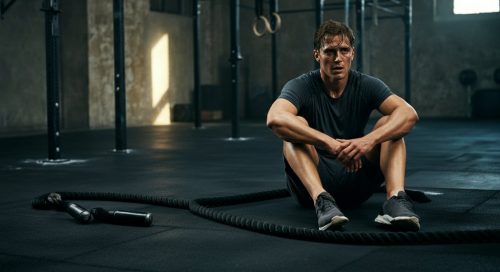 Erschöpfte, aber zufriedene Person nach einem HIIT mit Battle Ropes im Gym. Erschöpfte, aber zufriedene Person nach einem HIIT mit Battle Ropes im Gym.