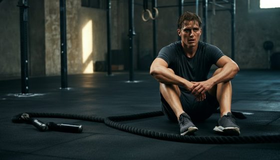 Erschöpfte, aber zufriedene Person nach einem HIIT mit Battle Ropes im Gym.