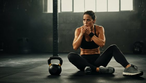 Erschöpfte, aber zufriedene Frau nach einem intensiven HIIT mit Kettlebell in einem minimalistischen Gym.