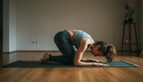 Eine Frau macht konzentriert HIIT Rückenübungen zu Hause in der Bird-Dog-Position für einen starken Rücken.