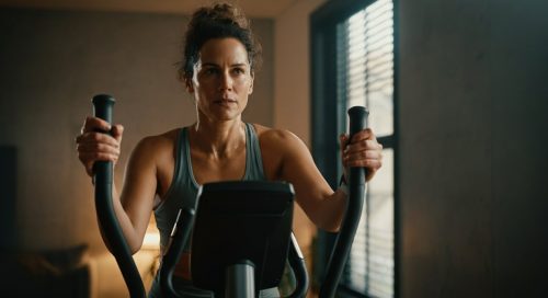 Eine Frau trainiert fokussiert auf dem Crosstrainer und zeigt, wie gesund Crosstraining sein kann. Eine Frau trainiert fokussiert auf dem Crosstrainer und zeigt, wie gesund Crosstraining sein kann.