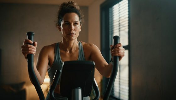 Eine Frau trainiert fokussiert auf dem Crosstrainer und zeigt, wie gesund Crosstraining sein kann.