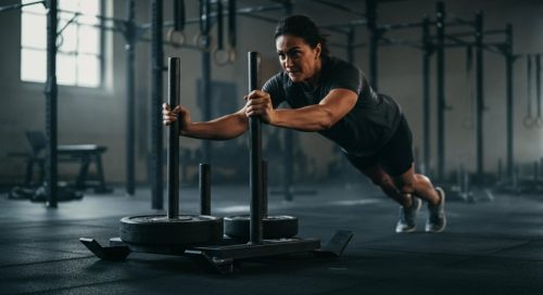 Ein Athlet pusht einen Schlitten als Teil seines Kraftausdauer Trainingsplans. Ein Athlet pusht einen Schlitten als Teil seines Kraftausdauer Trainingsplans.