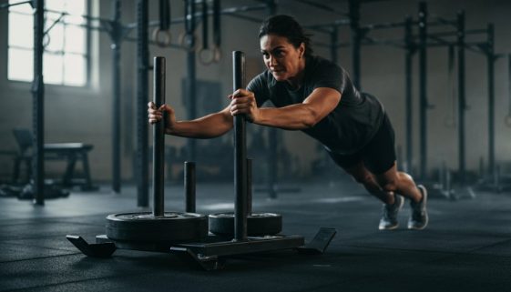 Ein Athlet pusht einen Schlitten als Teil seines Kraftausdauer Trainingsplans.