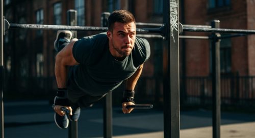 Ein Athlet in der entscheidenden Übergangsphase, um den Muscle Up zu lernen. Ein Athlet in der entscheidenden Übergangsphase, um den Muscle Up zu lernen.