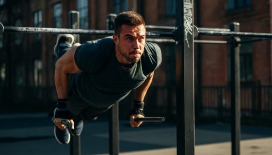 Ein Athlet in der entscheidenden Übergangsphase, um den Muscle Up zu lernen.