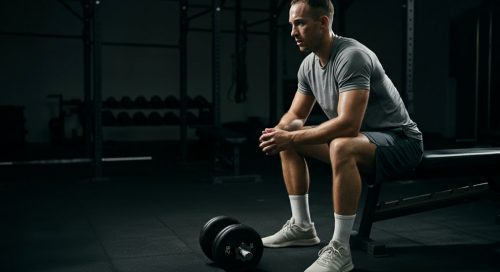 Ein nachdenklicher Athlet im Gym, der sein Muskelversagen Training strategisch plant. Ein nachdenklicher Athlet im Gym, der sein Muskelversagen Training strategisch plant.