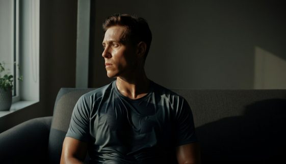 Eine sportliche Person entspannt nach dem Training auf dem Sofa, was den Nachbrenneffekt symbolisiert.