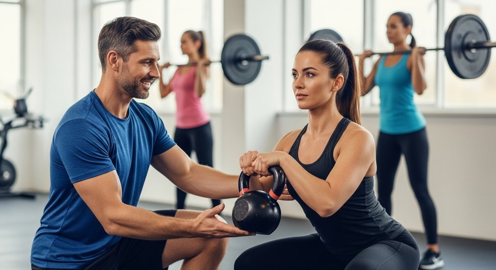 Alt-Text: Coach erklärt einer Anfängerin die richtige Ausführung einer Übung im CrossTraining.