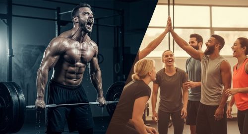 Alt-Text: CrossTraining Mythen vs. Realität: Einschüchternder Athlet und eine motivierte Trainingsgruppe. Alt-Text: CrossTraining Mythen vs. Realität: Einschüchternder Athlet und eine motivierte Trainingsgruppe.