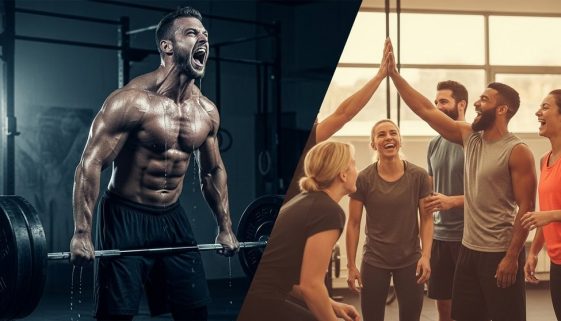 Alt-Text: CrossTraining Mythen vs. Realität: Einschüchternder Athlet und eine motivierte Trainingsgruppe.