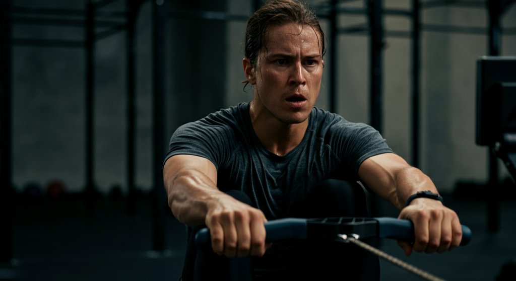 Athlet absolviert ein intensives HIIT am RudergerÀt mit maximalem Krafteinsatz.