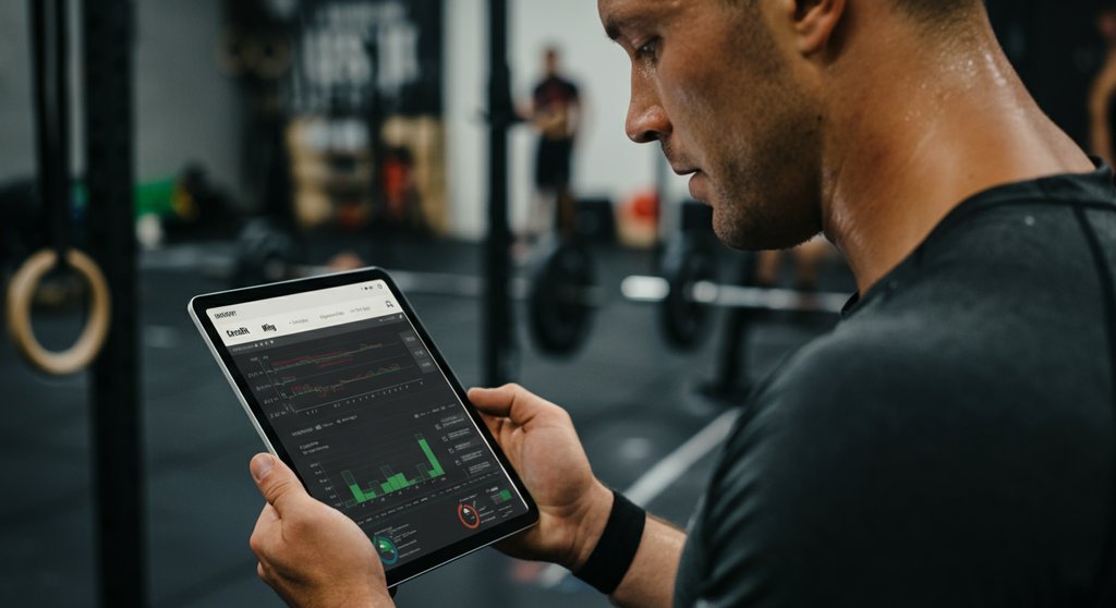 Athlet analysiert Leistungsdaten auf einer Crosstraining App für datengetriebenes Training.