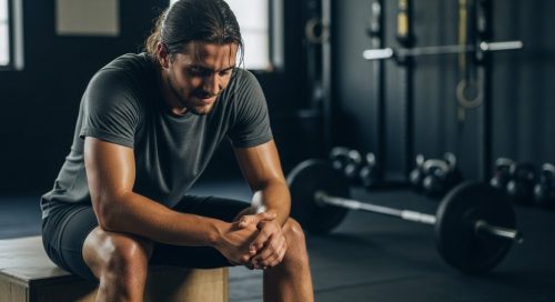 Athlet atmet nach einem intensiven Crosstraining-Workout tief durch zum Stressabbau.