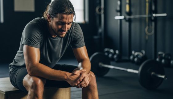 Athlet atmet nach einem intensiven Crosstraining-Workout tief durch zum Stressabbau.