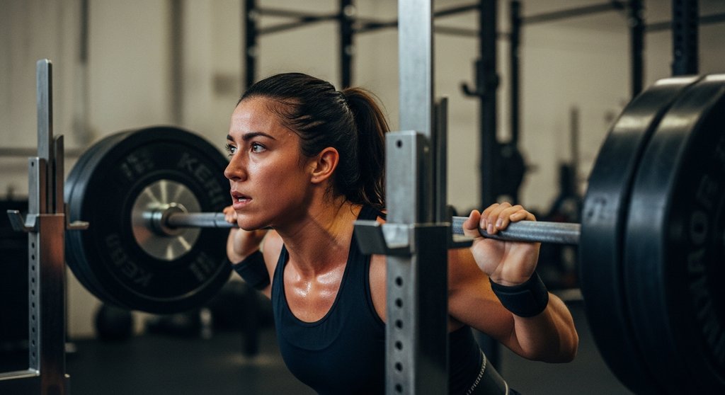 Athlet bei der korrekten Ausführung einer schweren Kniebeuge im 5x5 Trainingsplan.