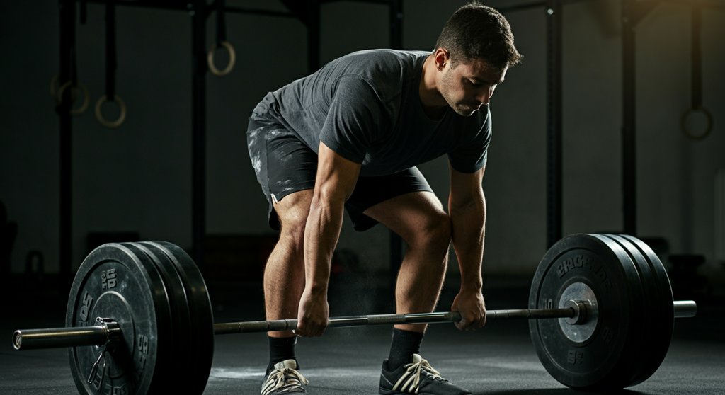 Athlet beim Deadlift (Kreuzheben) mit korrekter Form, eine Grundübung im Crosstraining.