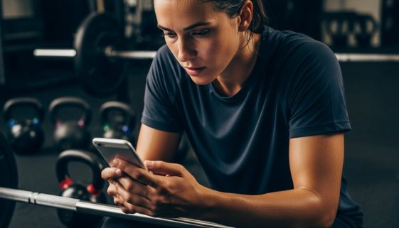 Athlet beim Überprüfen seiner Crosstraining App auf dem Smartphone in der Box.