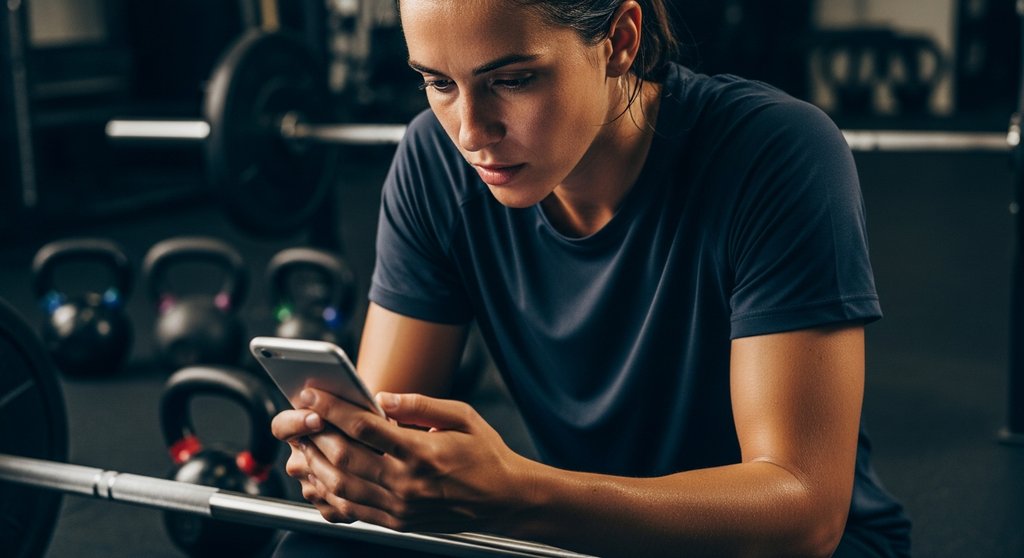 Athlet beim Überprüfen seiner Crosstraining App auf dem Smartphone in der Box.