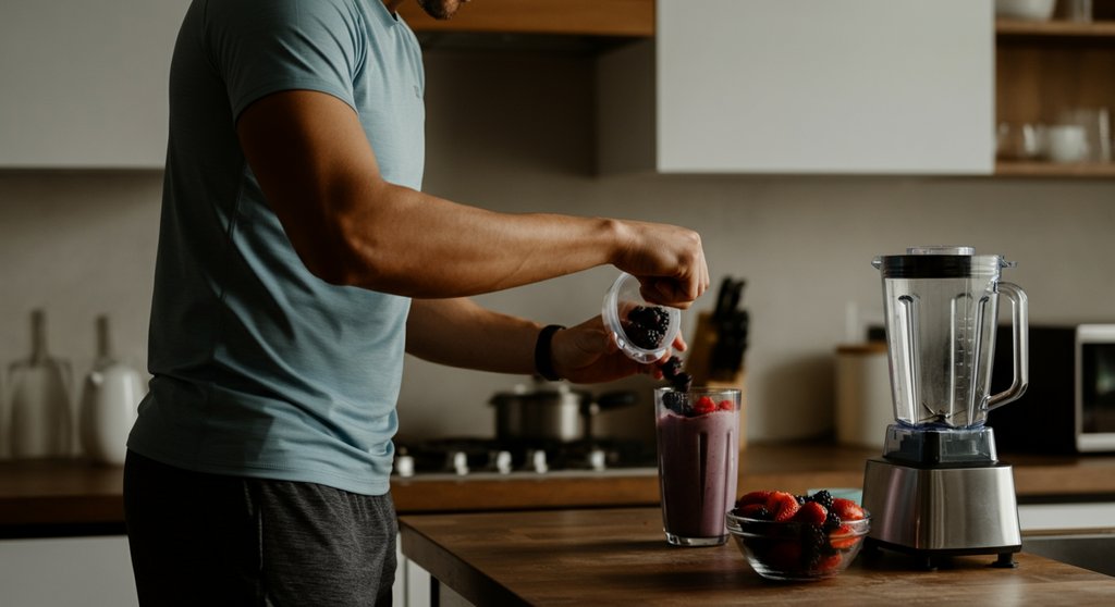 Athlet bereitet einen Protein Shake als Essen nach dem Sport zu.