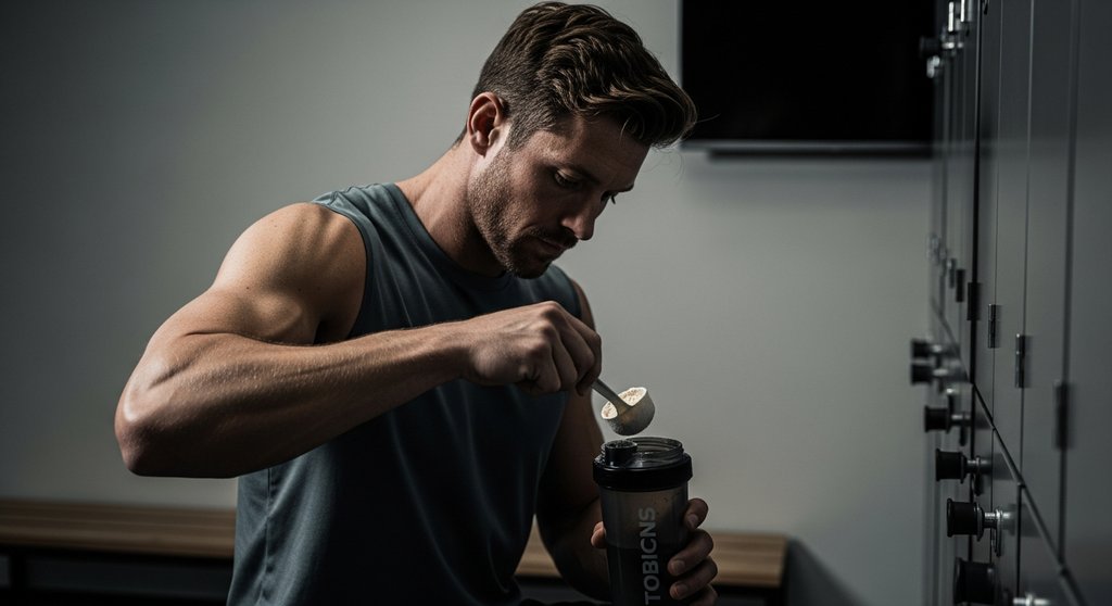 Athlet bereitet einen Protein-Shake zur Unterstützung des Muskelaufbaus beim HIIT vor.