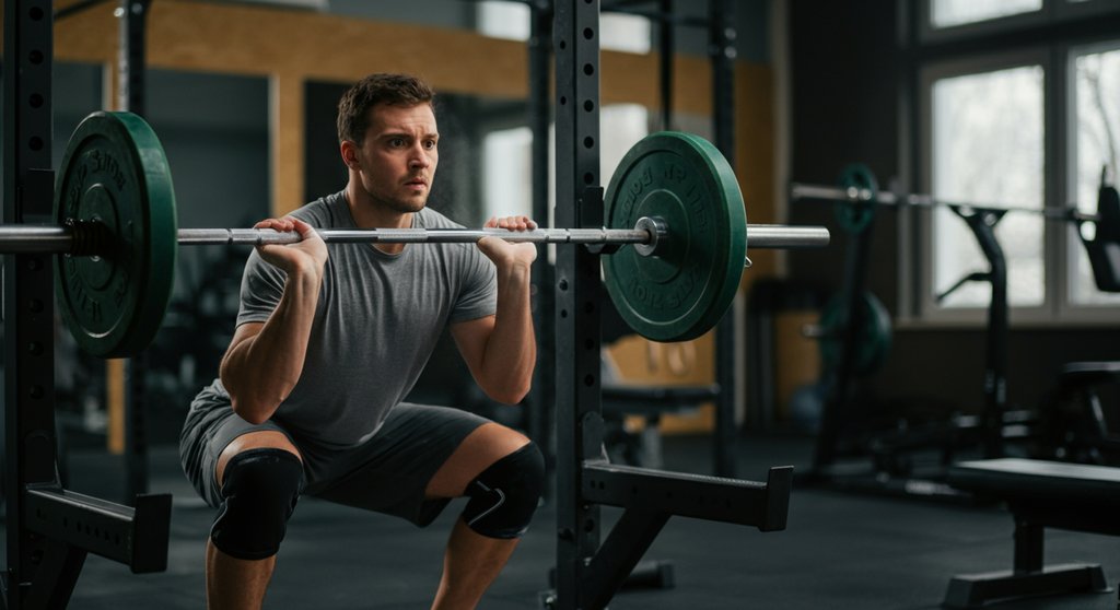 Athlet bereitet sich am Rack auf eine Kniebeuge mit der Langhantel im Home Gym vor.