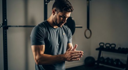 Athlet bereitet sich mit Kreide auf sein Crosstraining-Workout in einem gut ausgestatteten Home Gym vor.