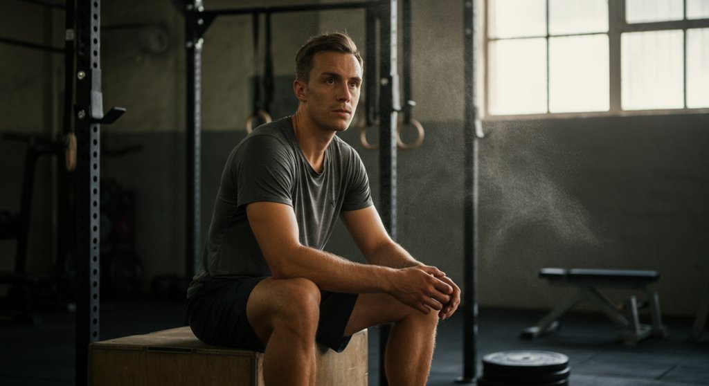 Athlet denkt vor einem Crosstraining Wettkampf über seine Vorbereitung nach.