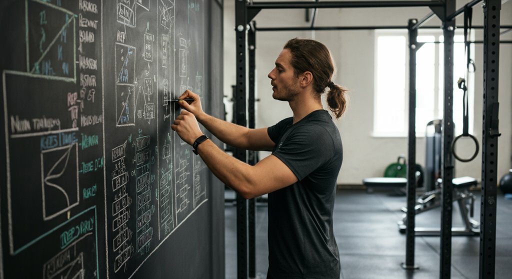 Athlet erstellt einen detaillierten Crosstraining Trainingsplan auf einer Tafel.