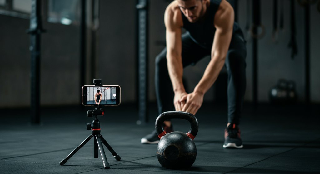 Athlet kontrolliert seine Kettlebell Swing Technik per Smartphone-Aufnahme im Gym.