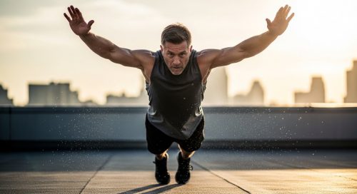 Athlet führt Bodyweight Crosstraining Übung für maximale Fitness ohne Geräte aus.