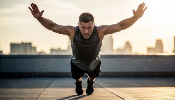 Athlet führt Bodyweight Crosstraining Übung für maximale Fitness ohne Geräte aus.