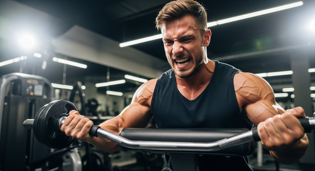 Athlet führt die letzte Wiederholung einer Isolationsübung bis zum Muskelversagen an einer Maschine aus.