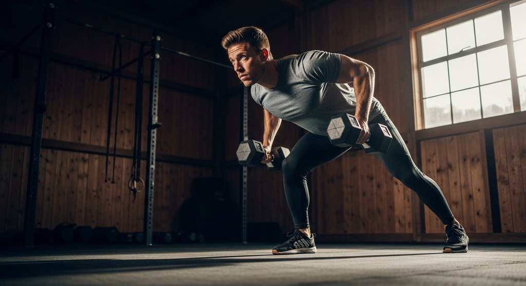 Athlet führt die Übung vorgebeugtes Rudern mit Kurzhanteln in einer Cross-Training-Box aus.