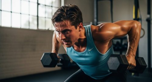 Athlet führt ein intensives Crosstraining-Workout mit Kurzhanteln in einem Gym durch.