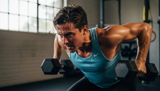 Athlet führt ein intensives Crosstraining-Workout mit Kurzhanteln in einem Gym durch.