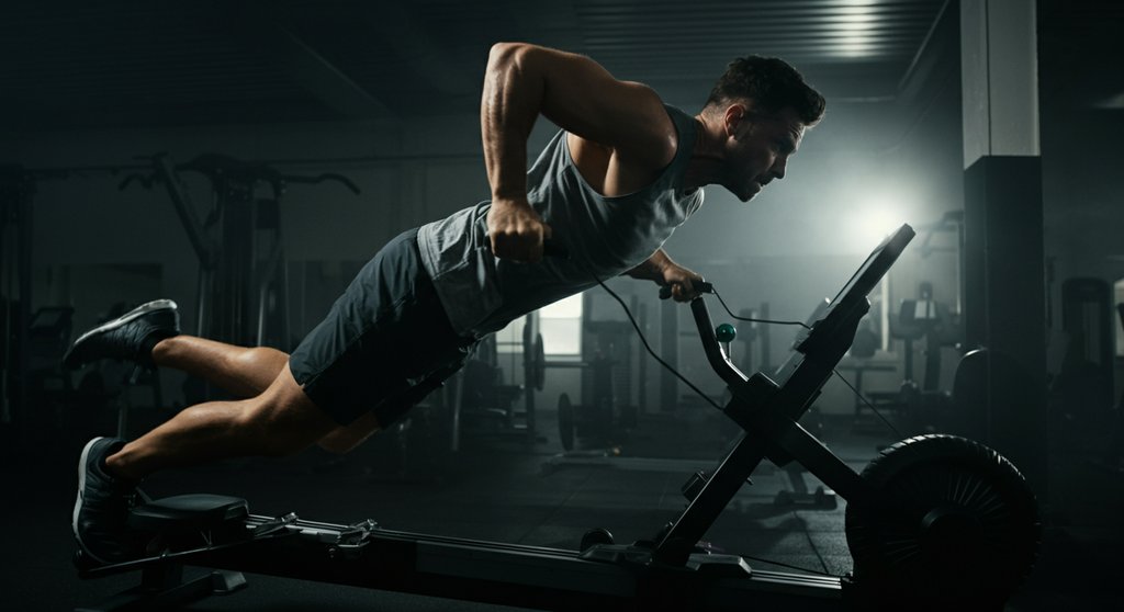 Athlet führt ein intensives HIIT-Workout am SkiErg mit voller Konzentration aus.