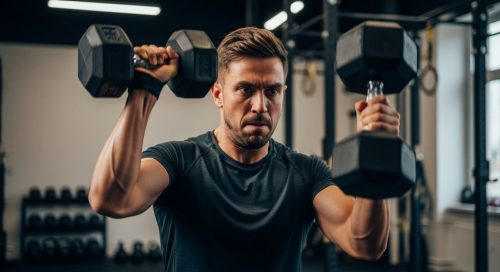 Athlet führt eine Crosstraining-Übung mit Kurzhanteln in einer Fitness-Box aus. Athlet führt eine Crosstraining-Übung mit Kurzhanteln in einer Fitness-Box aus.