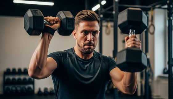 Athlet führt eine Crosstraining-Übung mit Kurzhanteln in einer Fitness-Box aus.