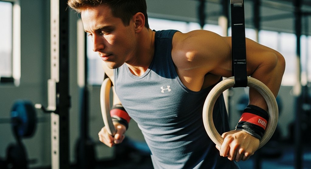 Kampfsportler beim Gymnastics-Crosstraining an Ringen zur Verbesserung der Koordination.