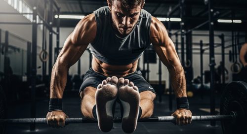 Athlet führt eine perfekte Toes to Bar Technik mit den Zehen an der Stange aus.