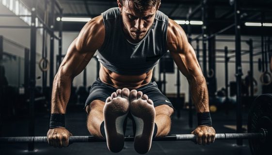 Athlet führt eine perfekte Toes to Bar Technik mit den Zehen an der Stange aus.