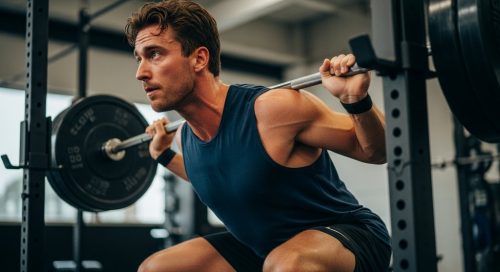 Athlet führt eine schwere Kniebeuge im Rahmen seines Oberkörper Unterkörper Split Trainingsplans aus. Athlet führt eine schwere Kniebeuge im Rahmen seines Oberkörper Unterkörper Split Trainingsplans aus.