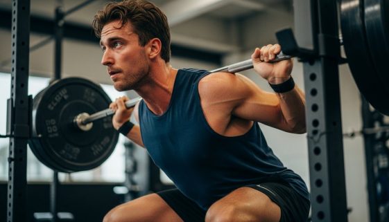 Athlet führt eine schwere Kniebeuge im Rahmen seines Oberkörper Unterkörper Split Trainingsplans aus.