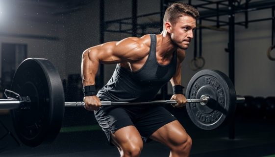 Athlet führt einen anstrengenden Langhantel Komplex in einem Fitnessstudio aus.