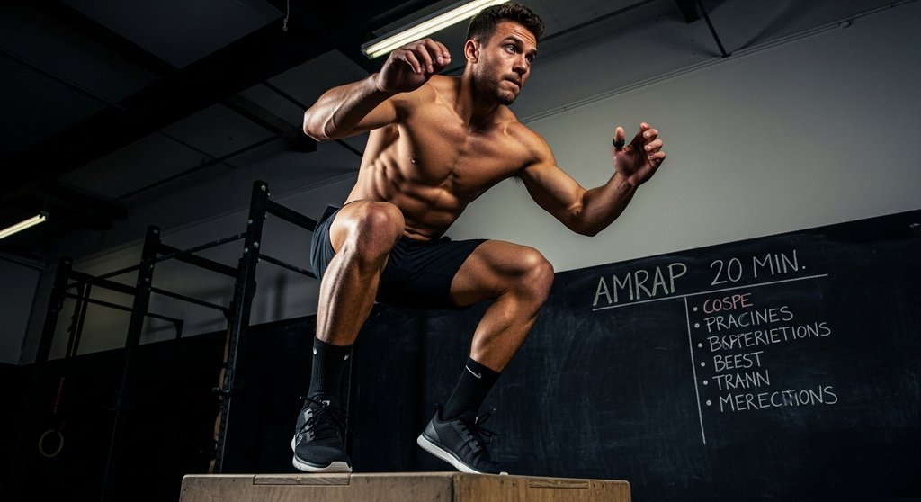 Athlet führt einen Box Jump während eines anspruchsvollen AMRAP-Workouts durch.