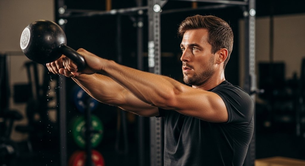 Athlet führt einen explosiven Kettlebell Swing als Crosstraining Übung aus.