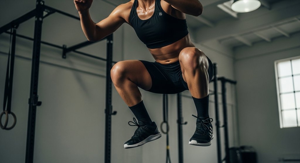 Athlet führt einen intensiven Squat Jump während eines HIIT-Workouts aus.